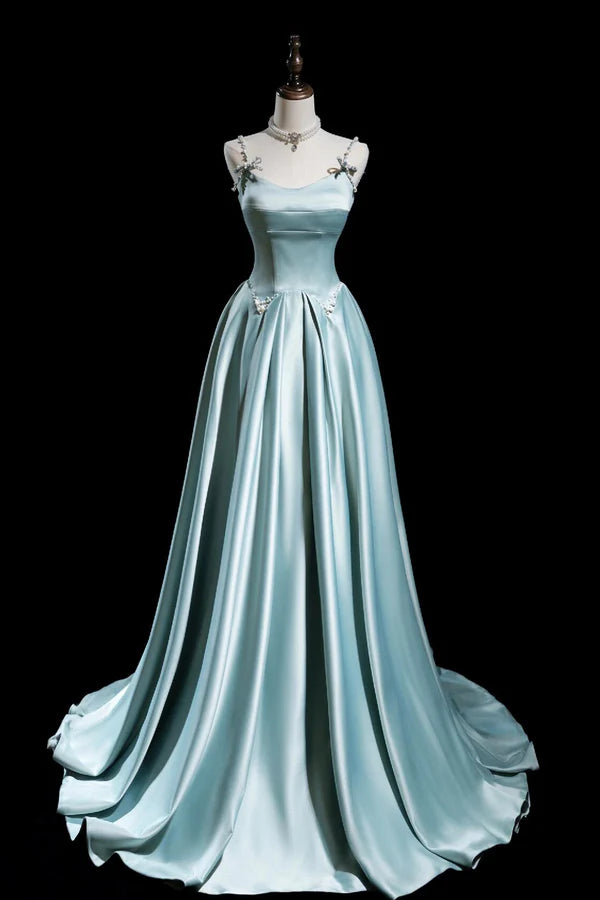 Cute Satin Long A-Line Prom Dress Ice Blue Spaghetti Straps Evening Dress