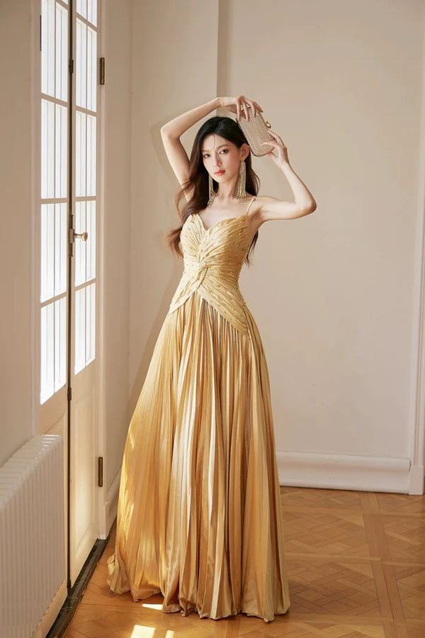 Gold Satin Long Backless Prom Dress A-Line Spaghetti Strap Evening Party Dress