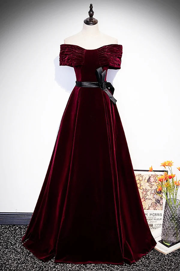 Burgundy Velvet Floor Length Prom Dress Elegant Off the Shoulder Party Dress