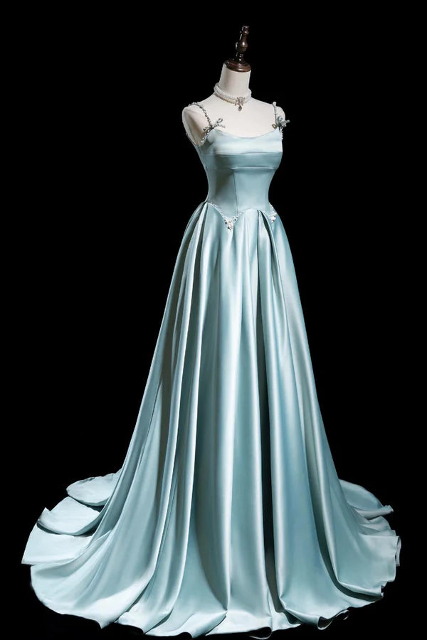 Cute Satin Long A-Line Prom Dress Ice Blue Spaghetti Straps Evening Dress