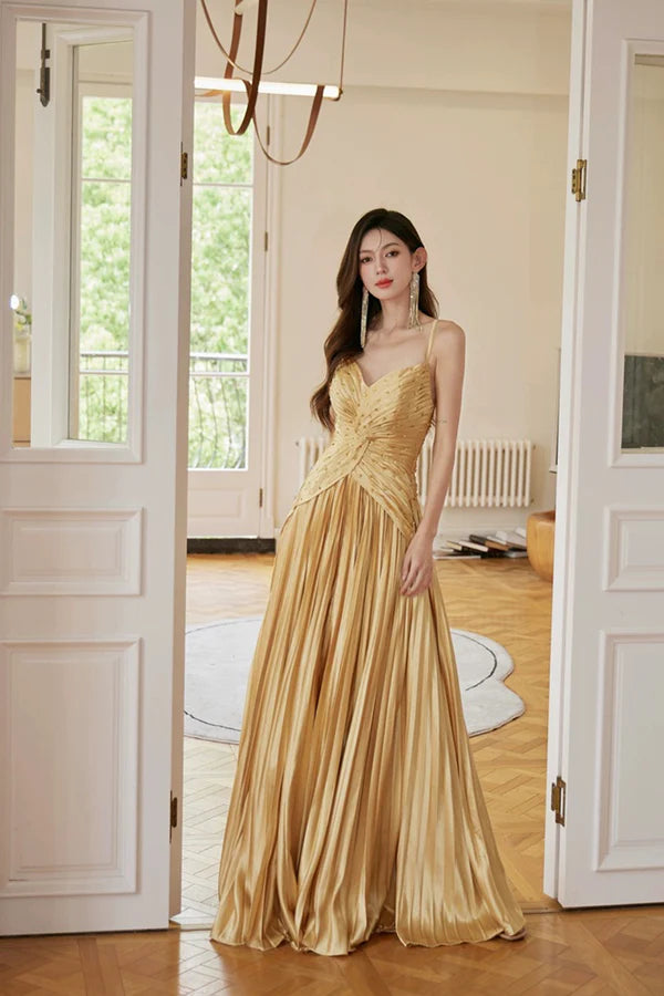 Gold Satin Long Backless Prom Dress A-Line Spaghetti Strap Evening Party Dress