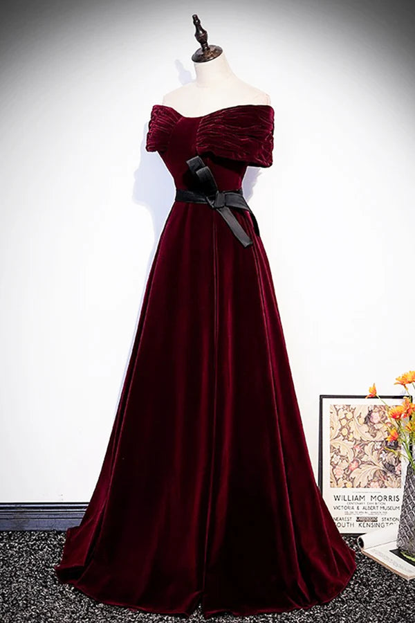 Burgundy Velvet Floor Length Prom Dress Elegant Off the Shoulder Party Dress