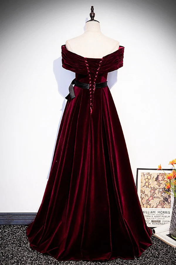 Burgundy Velvet Floor Length Prom Dress Elegant Off the Shoulder Party Dress