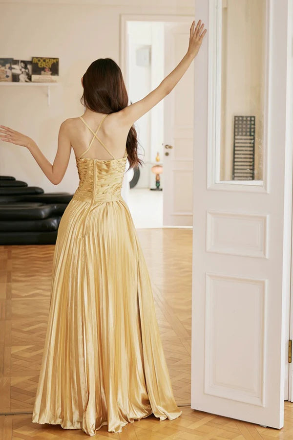 Gold Satin Long Backless Prom Dress A-Line Spaghetti Strap Evening Party Dress