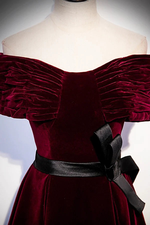 Burgundy Velvet Floor Length Prom Dress Elegant Off the Shoulder Party Dress