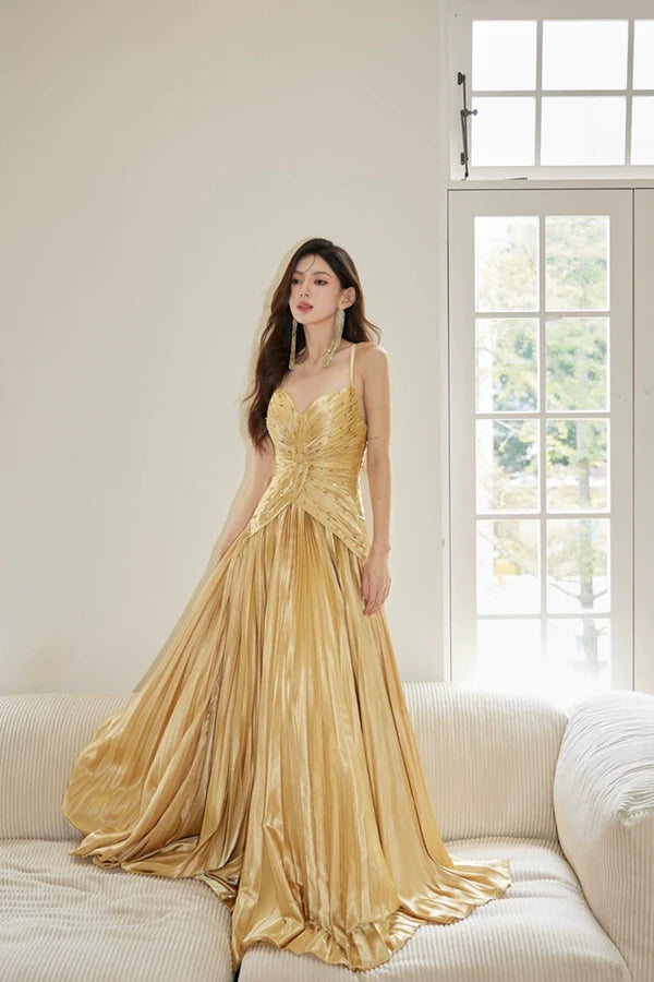 Gold Satin Long Backless Prom Dress A-Line Spaghetti Strap Evening Party Dress