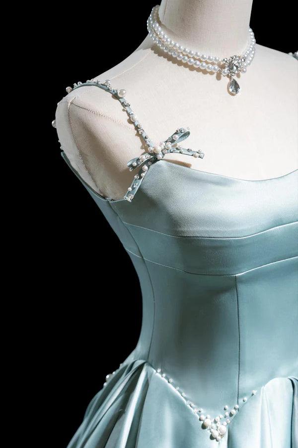 Cute Satin Long A-Line Prom Dress Ice Blue Spaghetti Straps Evening Dress