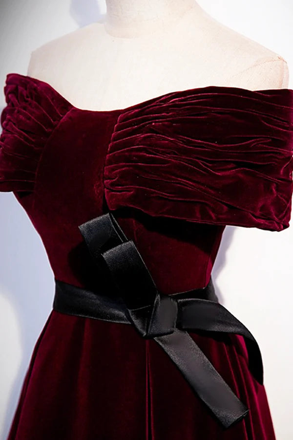 Burgundy Velvet Floor Length Prom Dress Elegant Off the Shoulder Party Dress