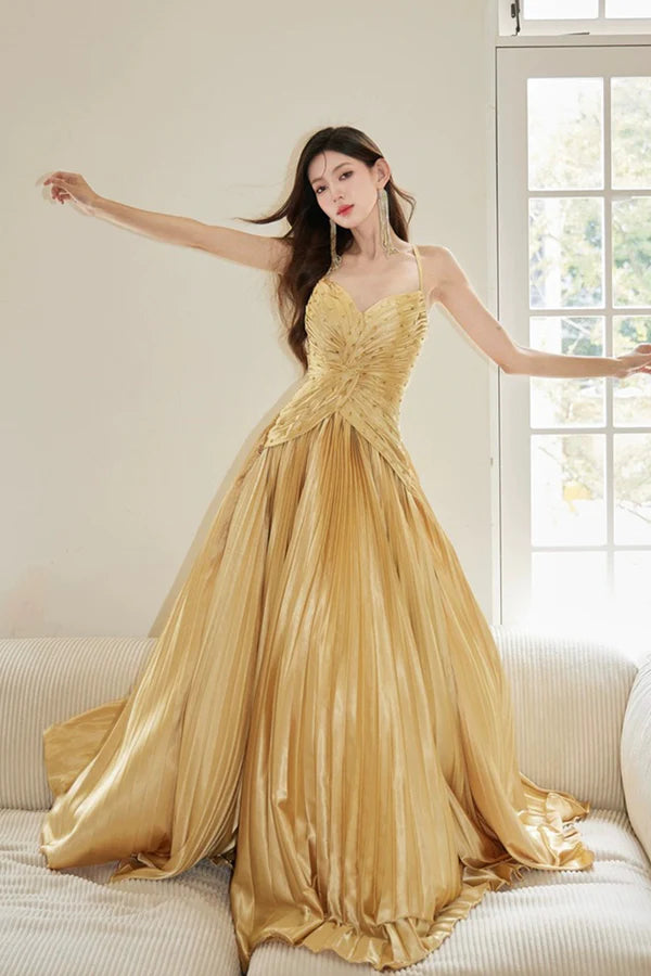 Gold Satin Long Backless Prom Dress A-Line Spaghetti Strap Evening Party Dress