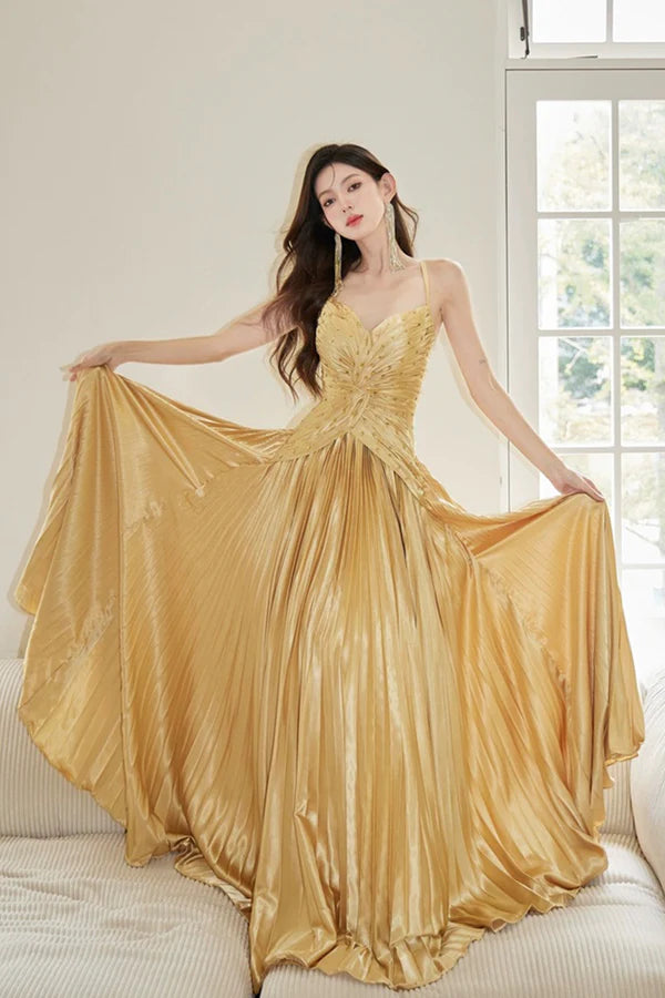 Gold Satin Long Backless Prom Dress A-Line Spaghetti Strap Evening Party Dress