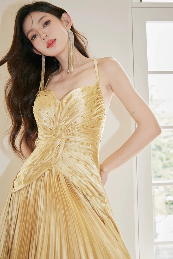 Gold Satin Long Backless Prom Dress A-Line Spaghetti Strap Evening Party Dress