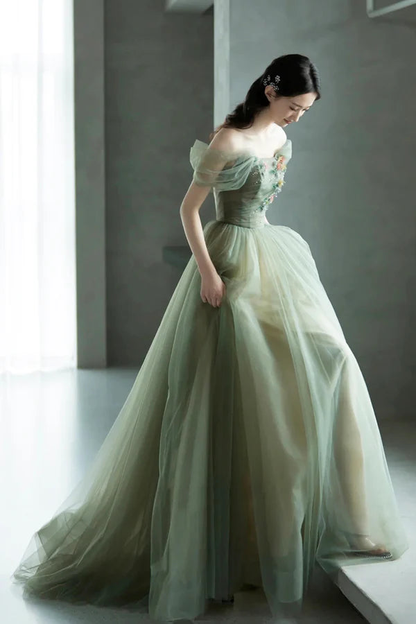 Beautiful Tulle Flowers Long Prom Dress Green A-Line Formal Evening Dress