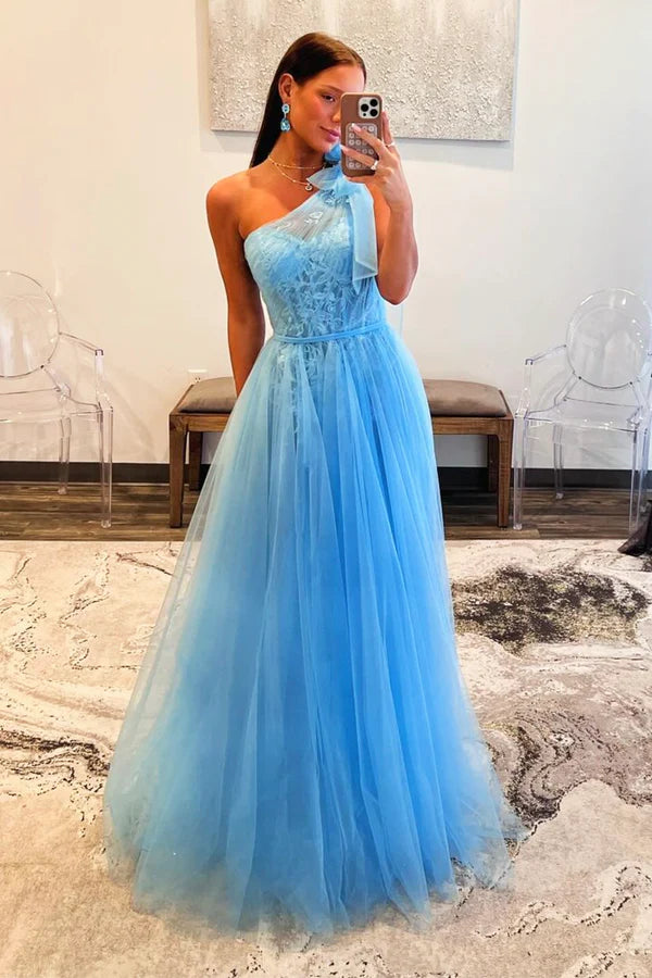 Sky Blue Tull Lace Long Prom Dress Beautiful One Shoulder Evening Party Dress