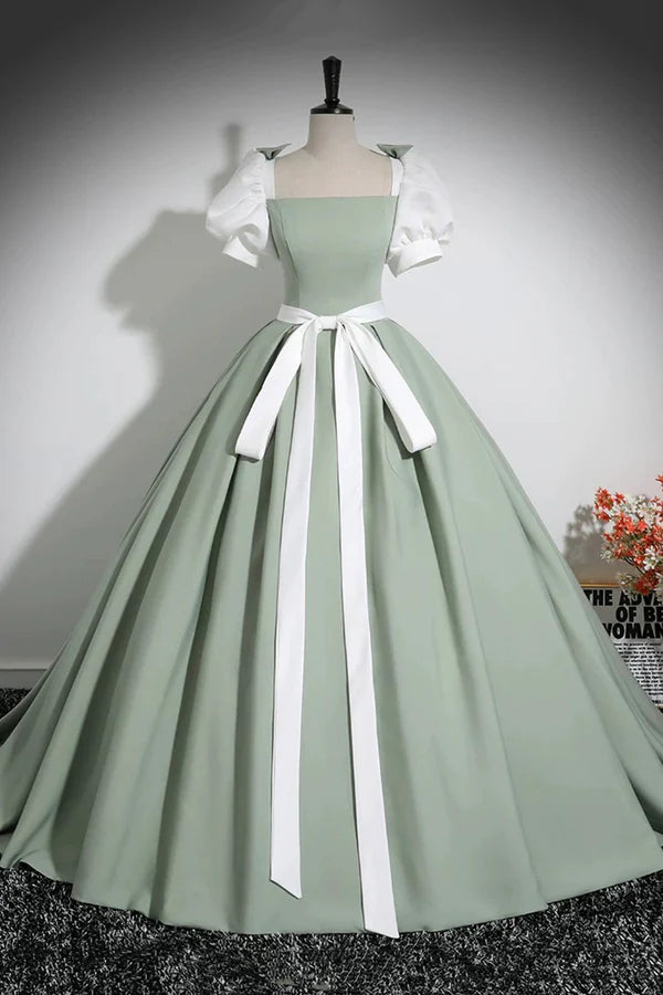 White and Green Floor Length Prom Dress Lovely A-Line Short Sleeve Evening Party Dress