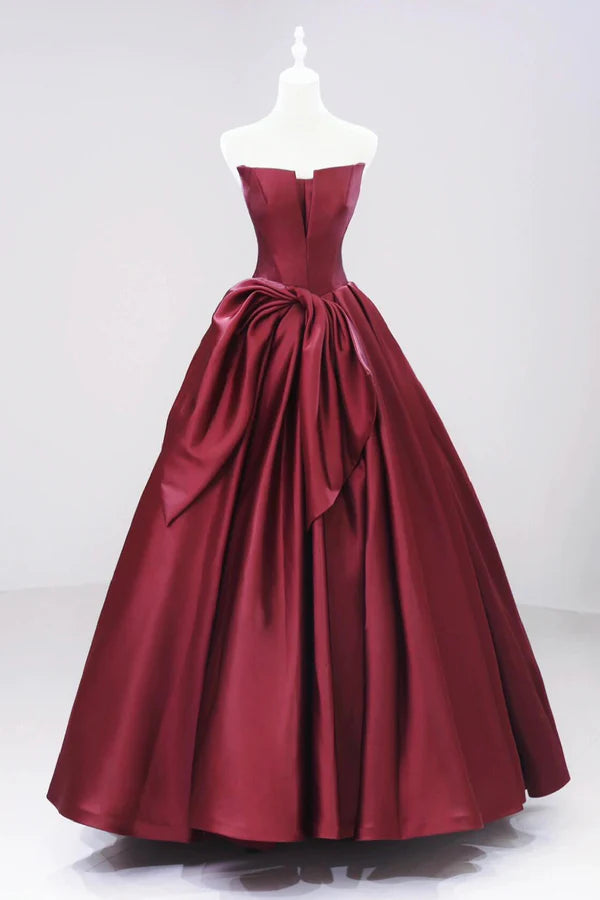 Burgundy Satin Floor Length Prom Dress Beautiful A-Line Evening Party Dress
