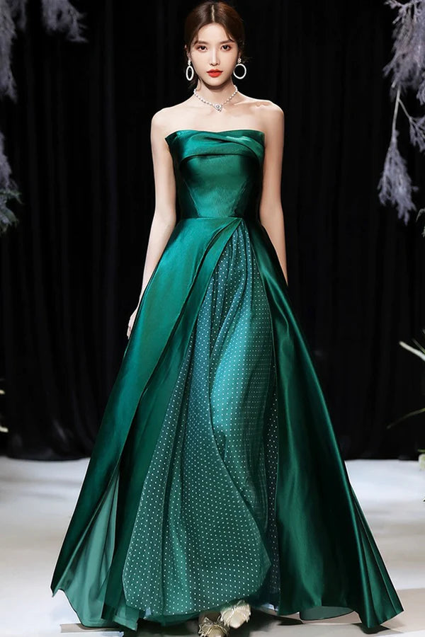 Dark Green Satin Long Prom Dress Green A-Line Strapless Evening Dress