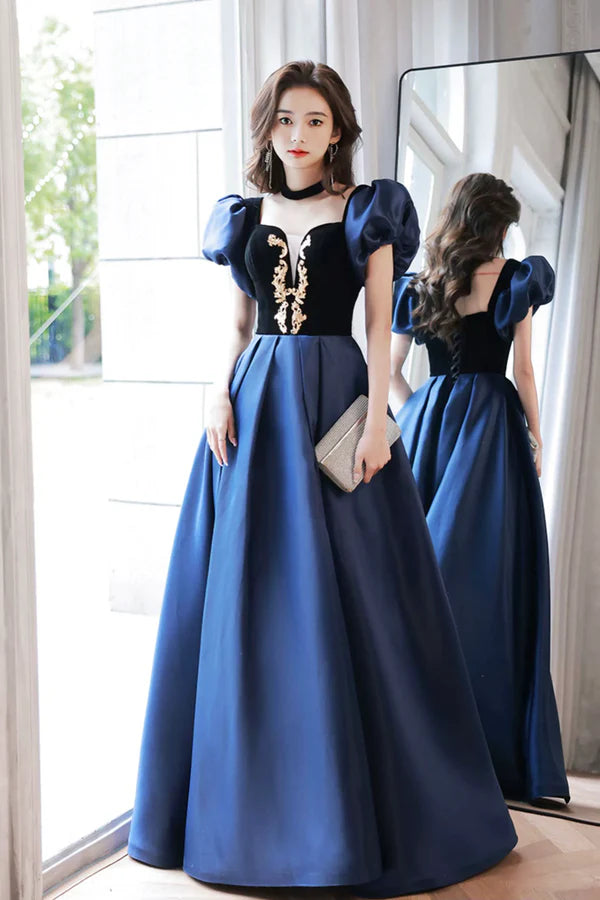 Blue Velvet and Satin Floor Length Prom Dress Elegant Short Sleeve Evening Party Dress