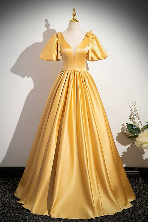 Yellow V-Neck Satin Long Prom Dress Yellow A-Line Short Sleeve Evening Dress