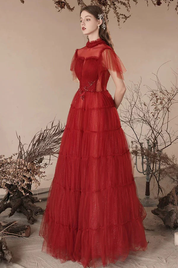 Lovely Tulle Beaded Floor Length Prom Dress Beautiful Dark Red A-Line Evening Dress