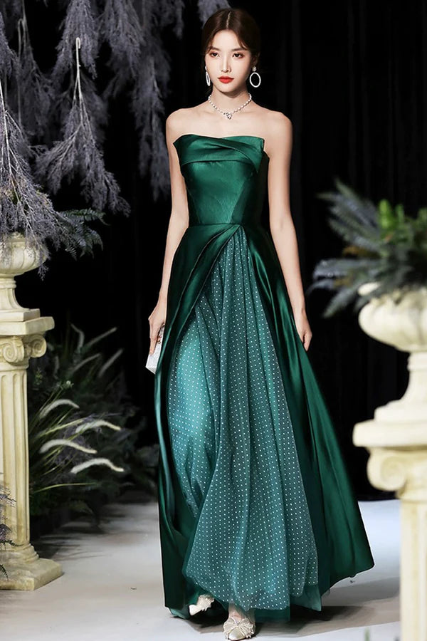 Dark Green Satin Long Prom Dress Green A-Line Strapless Evening Dress