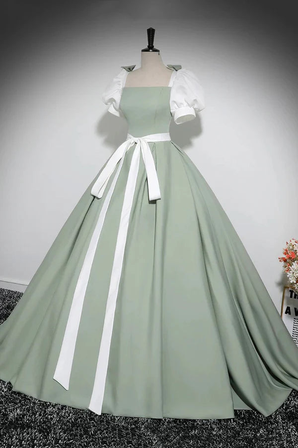 White and Green Floor Length Prom Dress Lovely A-Line Short Sleeve Evening Party Dress