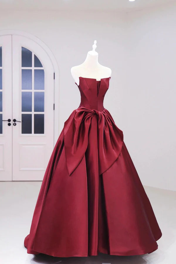 Burgundy Satin Floor Length Prom Dress Beautiful A-Line Evening Party Dress