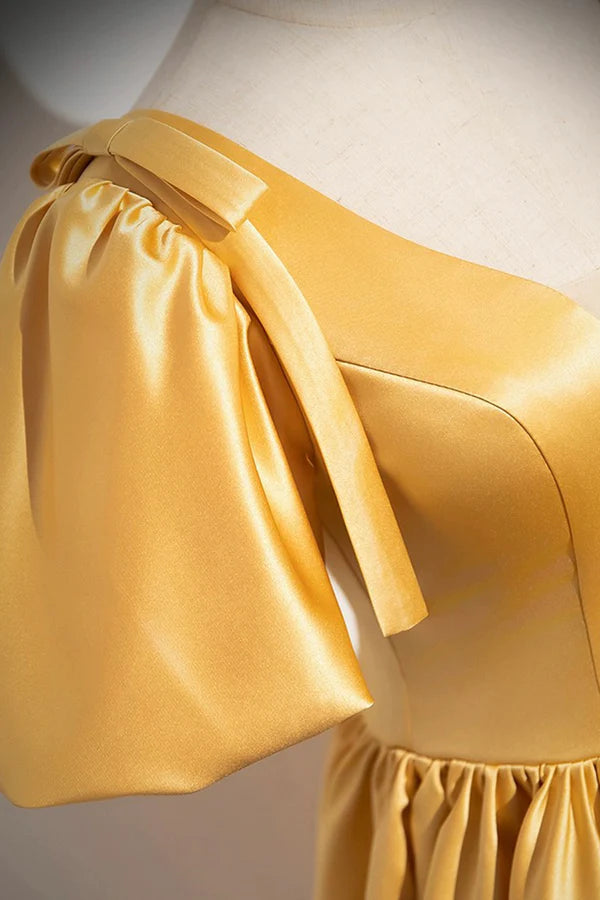 Yellow V-Neck Satin Long Prom Dress Yellow A-Line Short Sleeve Evening Dress