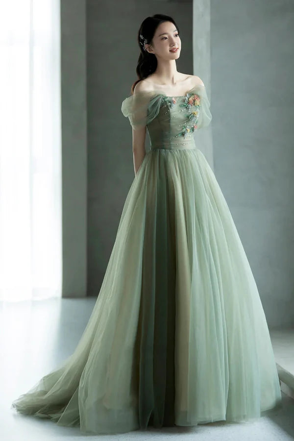 Beautiful Tulle Flowers Long Prom Dress Green A-Line Formal Evening Dress