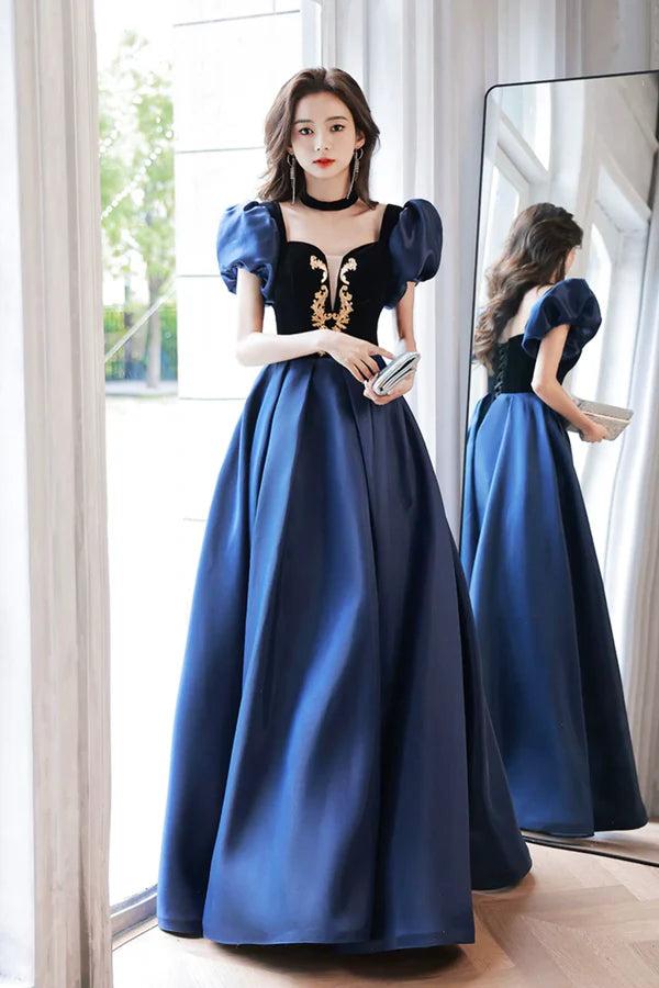 Blue Velvet and Satin Floor Length Prom Dress Elegant Short Sleeve Evening Party Dress
