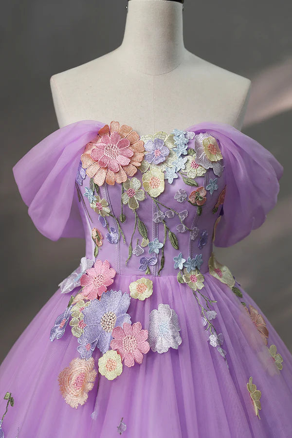 Purple Tulle Lace Long Prom Dress with Lace Beautiful Off the Shoulder Evening Dress