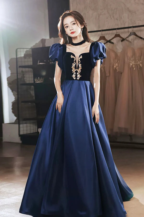 Blue Velvet and Satin Floor Length Prom Dress Elegant Short Sleeve Evening Party Dress