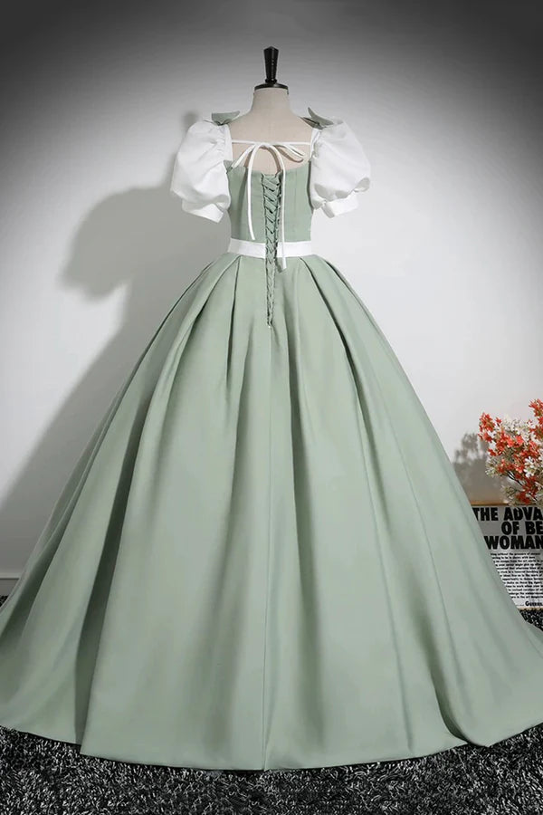 White and Green Floor Length Prom Dress Lovely A-Line Short Sleeve Evening Party Dress