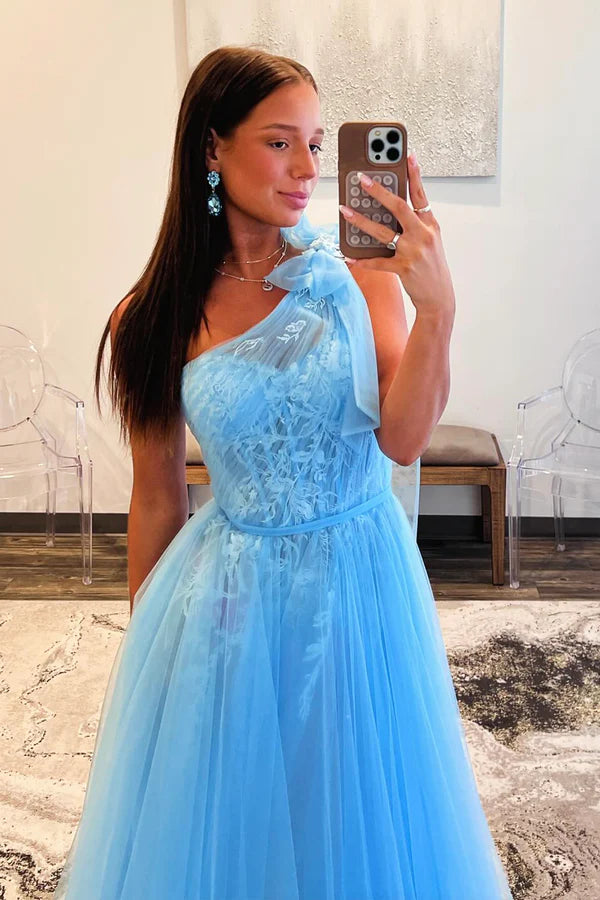 Sky Blue Tull Lace Long Prom Dress Beautiful One Shoulder Evening Party Dress