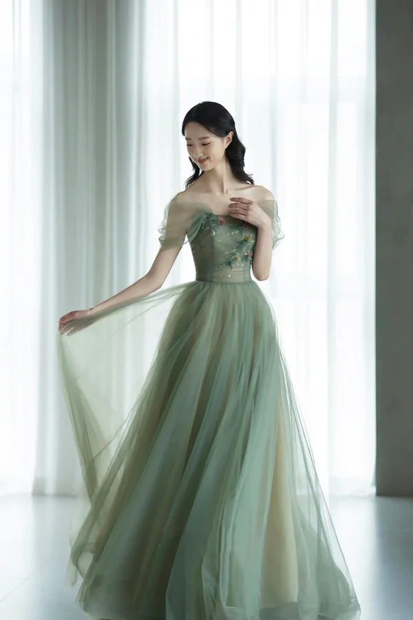 Beautiful Tulle Flowers Long Prom Dress Green A-Line Formal Evening Dress