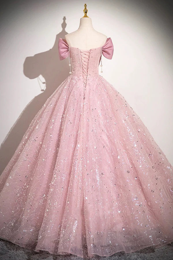 Pink Tulle Sequins Long A-Line Prom Dress Pink Off Shoulder Evening Dress