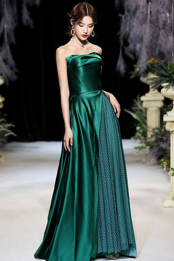 Dark Green Satin Long Prom Dress Green A-Line Strapless Evening Dress