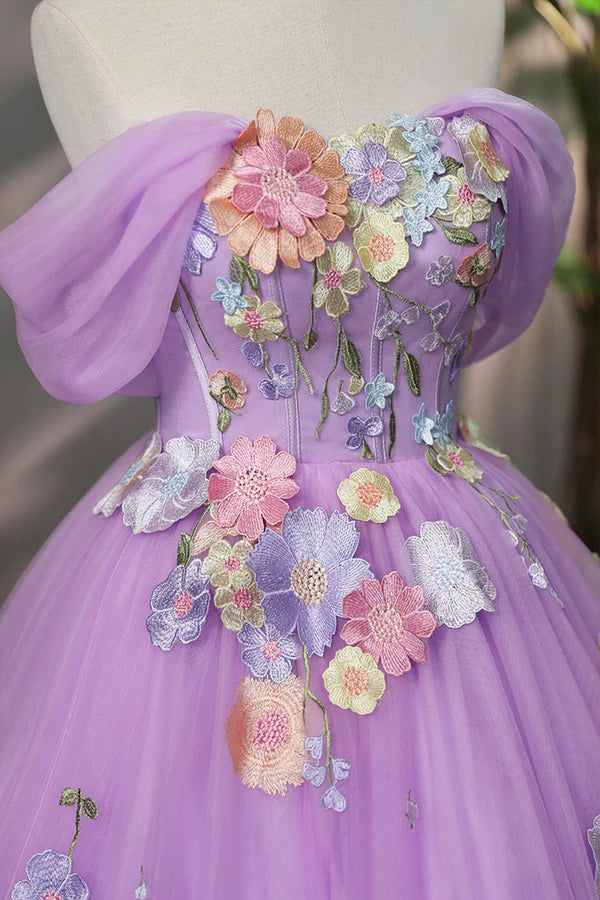 Purple Tulle Lace Long Prom Dress with Lace Beautiful Off the Shoulder Evening Dress