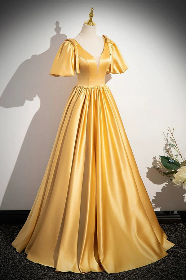 Yellow V-Neck Satin Long Prom Dress Yellow A-Line Short Sleeve Evening Dress