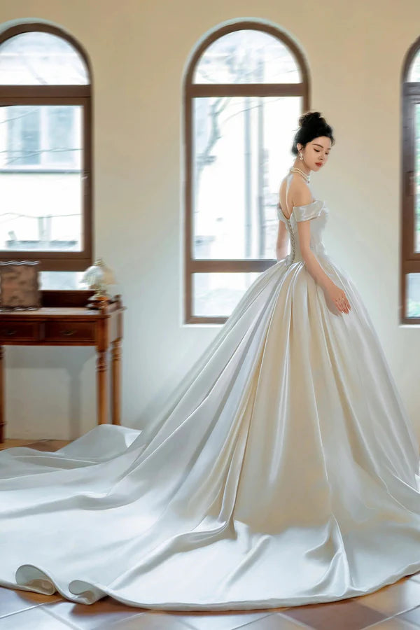 Champagne Satin Long Prom Dress Off the Shoulder Formal Evening Dress