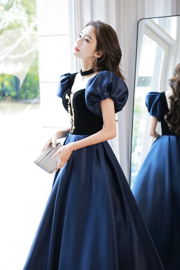 Blue Velvet and Satin Floor Length Prom Dress Elegant Short Sleeve Evening Party Dress