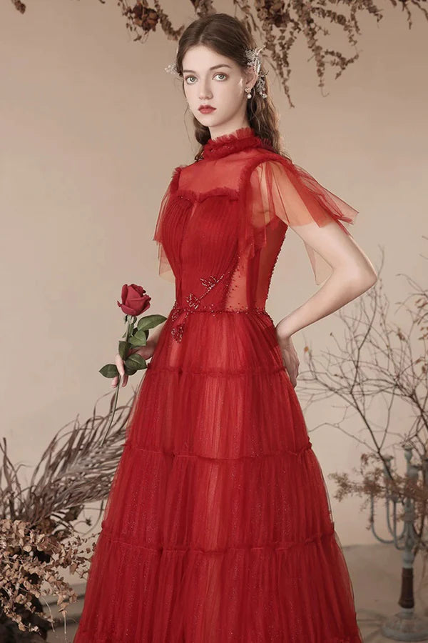 Lovely Tulle Beaded Floor Length Prom Dress Beautiful Dark Red A-Line Evening Dress