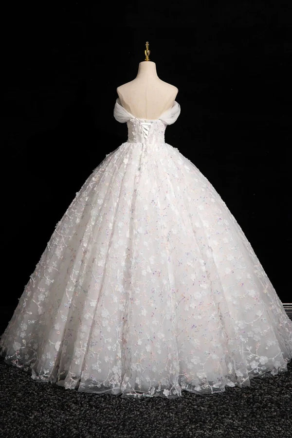 White Tulle Flowers Floor Length Prom Dresses Beautiful A-Line Backless Sweet 16 Formal Dresses