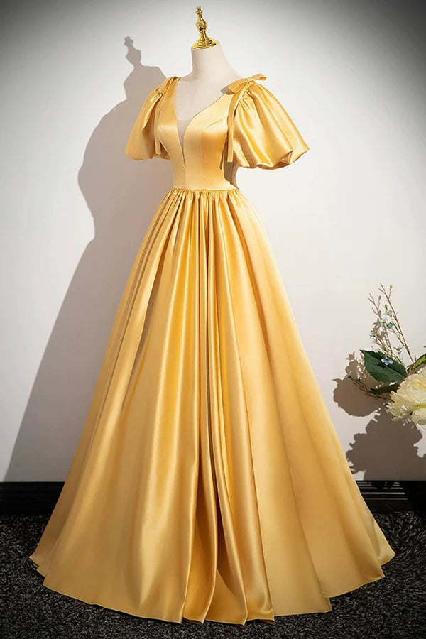 Yellow V-Neck Satin Long Prom Dress Yellow A-Line Short Sleeve Evening Dress