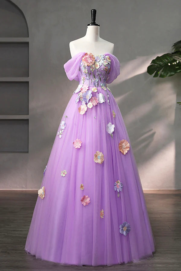 Purple Tulle Lace Long Prom Dress with Lace Beautiful Off the Shoulder Evening Dress