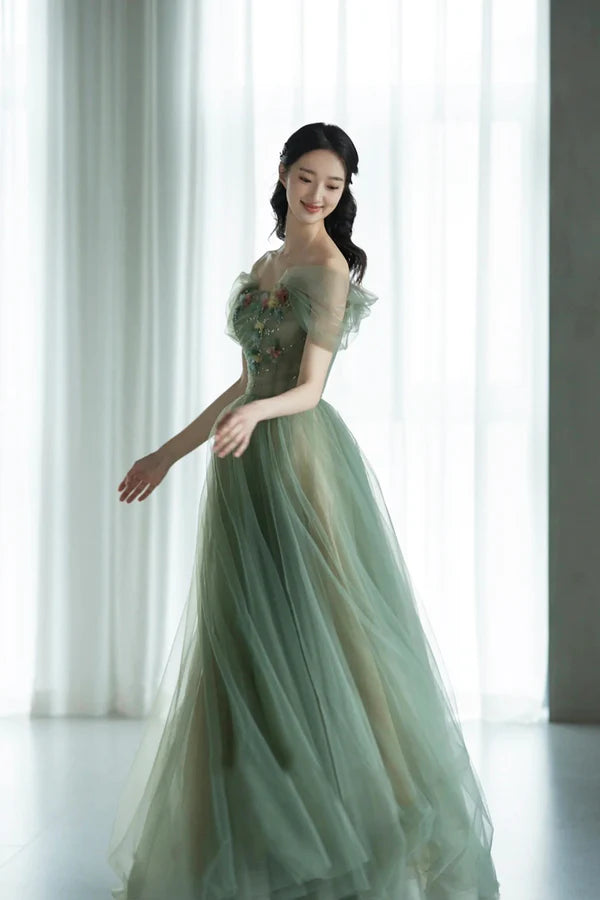 Beautiful Tulle Flowers Long Prom Dress Green A-Line Formal Evening Dress
