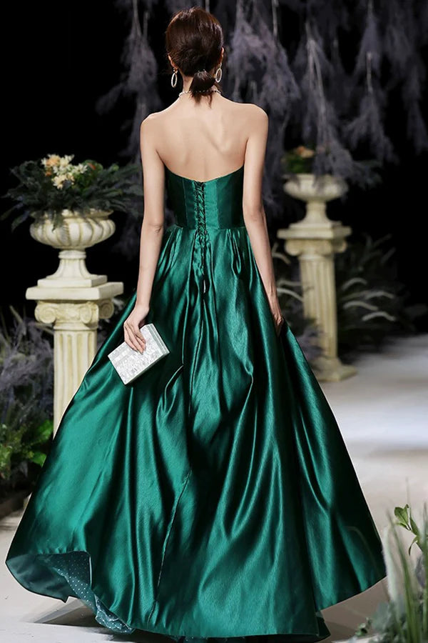 Dark Green Satin Long Prom Dress Green A-Line Strapless Evening Dress