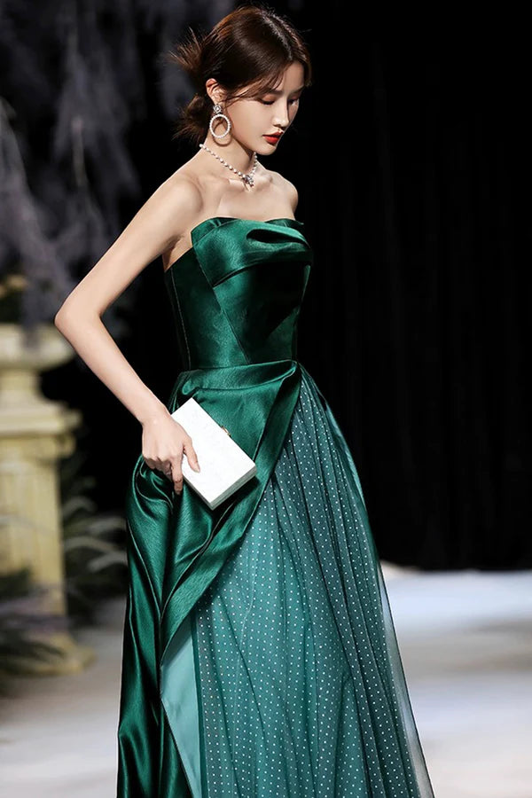 Dark Green Satin Long Prom Dress Green A-Line Strapless Evening Dress