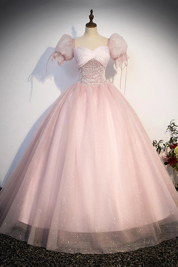 Pink Tulle Sequins Long Prom Dress Lovely A-Line Short Sleeve Evening Party Dress