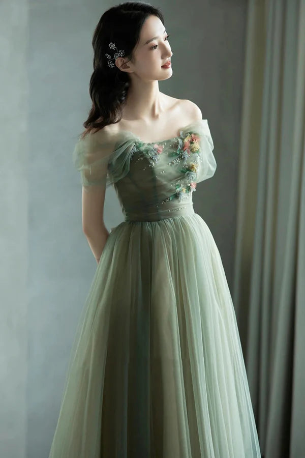 Beautiful Tulle Flowers Long Prom Dress Green A-Line Formal Evening Dress