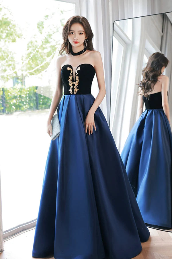 Blue Velvet and Satin Floor Length Prom Dress Elegant Short Sleeve Evening Party Dress